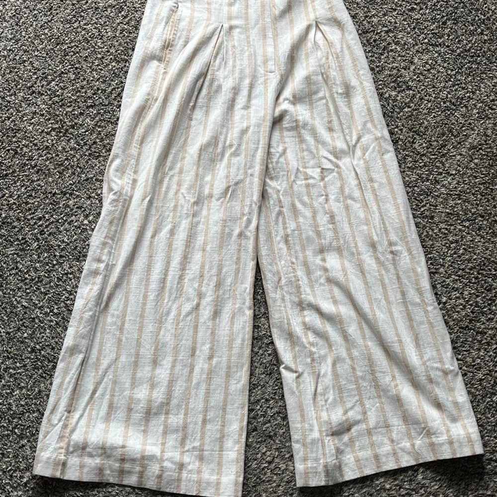 Billabong Striped Wide Leg Linen Blend Pants Tan White High Rise Pleated Size 27